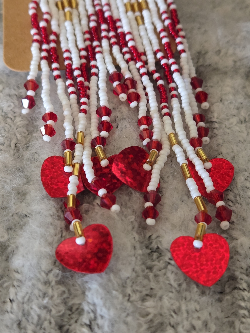Handmade Gold Beaded Fringe Earrings with Red Holographic Hearts - Picture 4 of 5